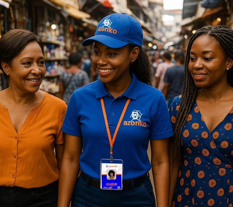 Femme achetant dans un marché et se faisant guider par un guide expérimenté